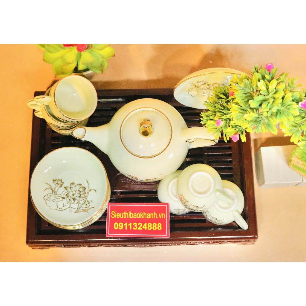  Bộ ấm trà men kem Bát Tràng họa tiết sen vẽ vàng BKCEVN-8025 
