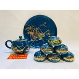  Bộ ấm chén Bát Tràng men xanh vẽ vàng phong cảnh BKCEVN-8107 