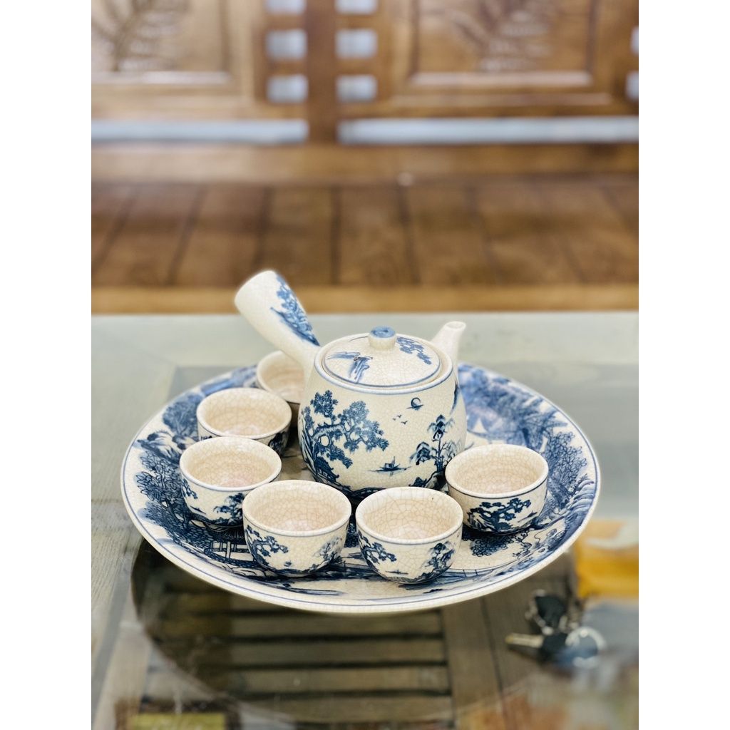  [BÁT TRÀNG CHÍNH HÃNG]-Bộ Ấm Trà Men Rạn Men Lam Vẽ Sơn Thủy-Siêu thị bảo khánh 