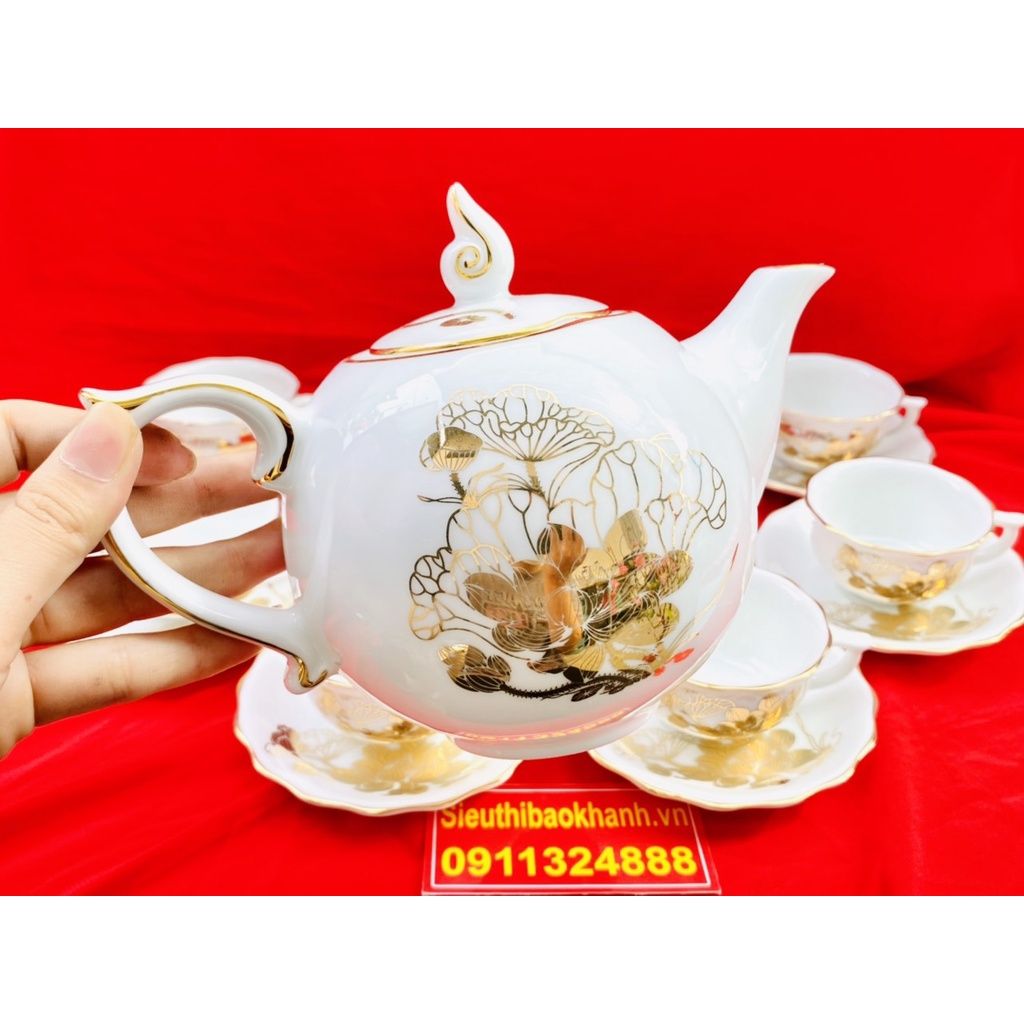  [BÁT TRÀNG CHÍNH HÃNG]-Bộ ấm chén men trắng vẽ vàng chóp lửa họa tiết sen 