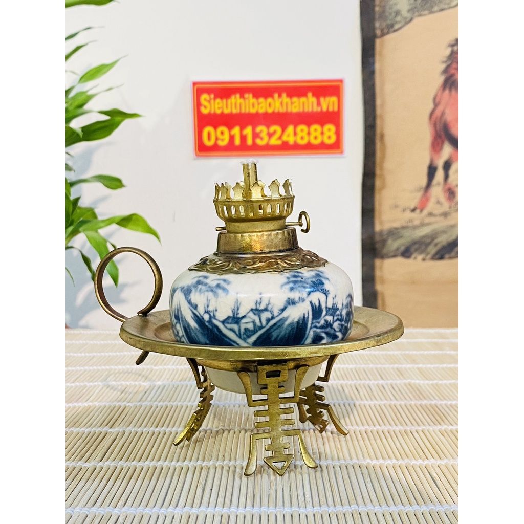  Đèn dầu đồng thân gốm men lam cao cấp (loại 20cm) 