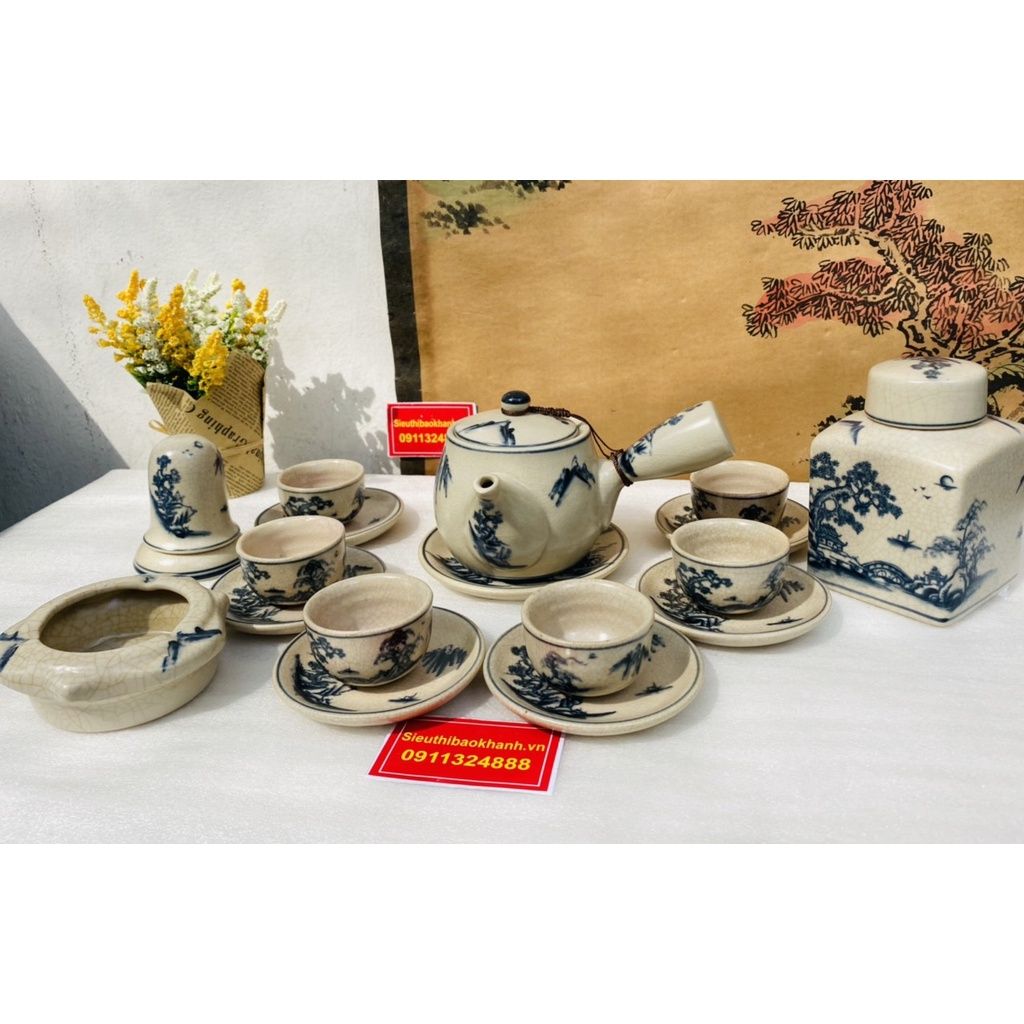  Bộ Ấm Trà Men Rạn Men Lam Vẽ Sơn Thủy Kèm Phụ kiện BKCEVN-8001 