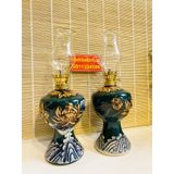  [ĐỒ THỜ CÚNG]-Cặp đèn dầu đồng thân gốm xuất xứ Bát Tràng họa tiết đắp nổi hoa sen-26cm- Bát Tràng Bảo Khánh 