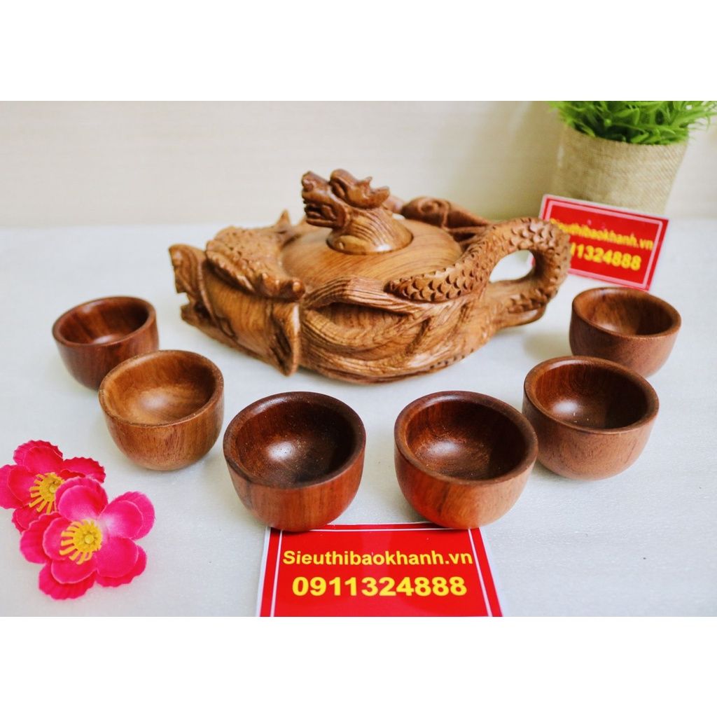  THỦ CÔNG MỸ NGHỆ TẠI XƯỞNG-BỘ ẤM CHÉN GỖ HƯƠNG ĐỤC NGUYÊN KHỐI-BÁT TRÀNG BẢO KHÁNH 