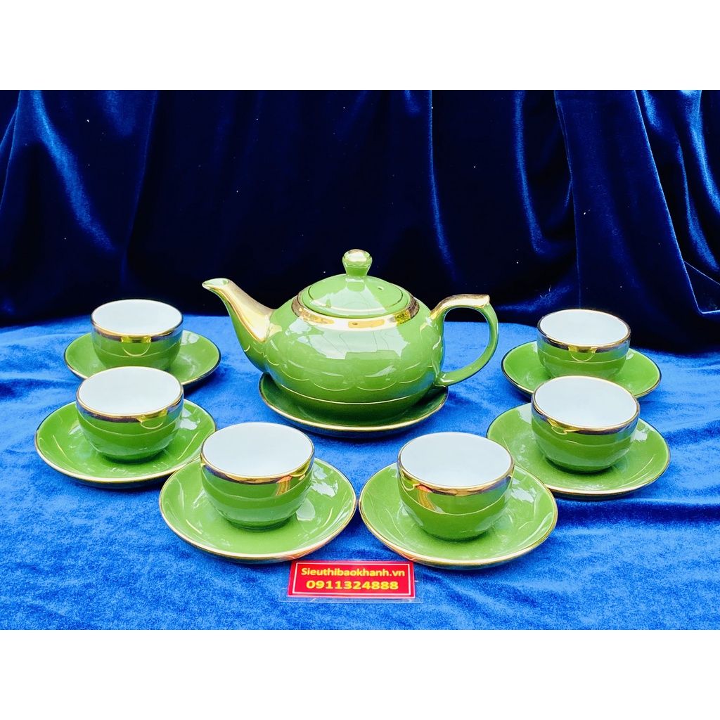  Bộ ấm chén men ngọc màu xanh viền vàng 