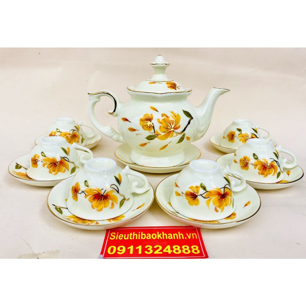  Bộ ấm chén men kem họa tiết Hoa Sen Bát Tràng 350ml 