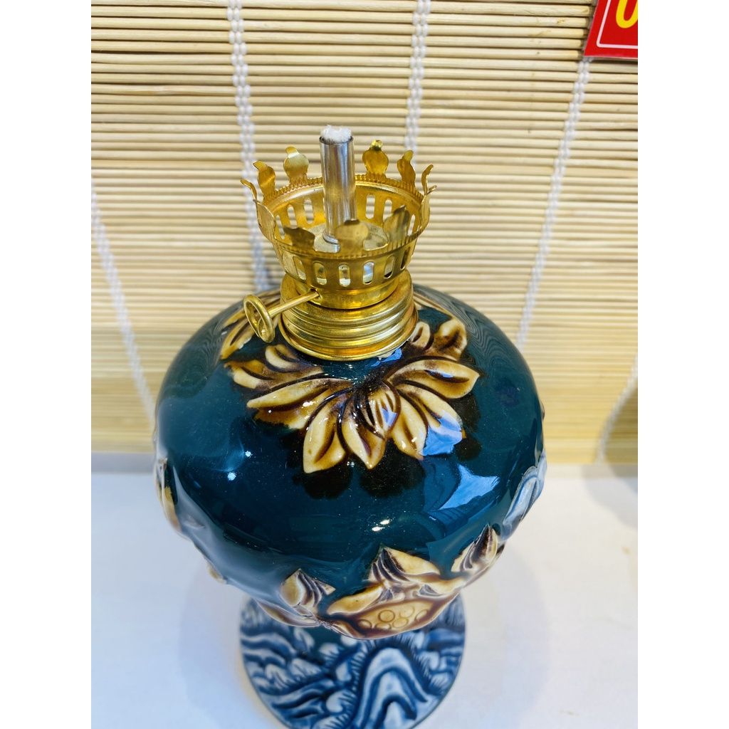  [ĐỒ THỜ CÚNG]-Cặp đèn dầu đồng thân gốm xuất xứ Bát Tràng họa tiết đắp nổi hoa sen-26cm- Bát Tràng Bảo Khánh 