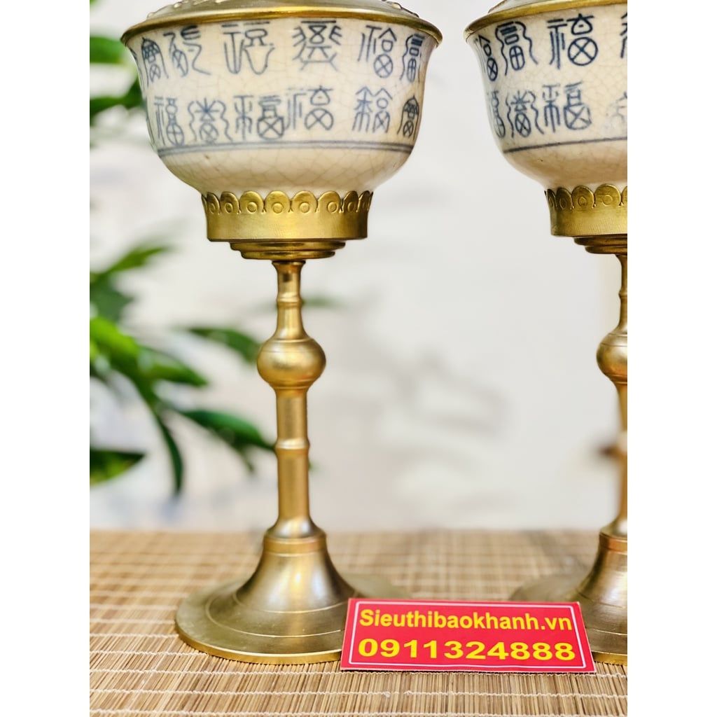  [ĐỒ THỜ CÚNG]-Cặp đèn dầu đồng thân gốm xuất xứ Bát Tràng 25cm 