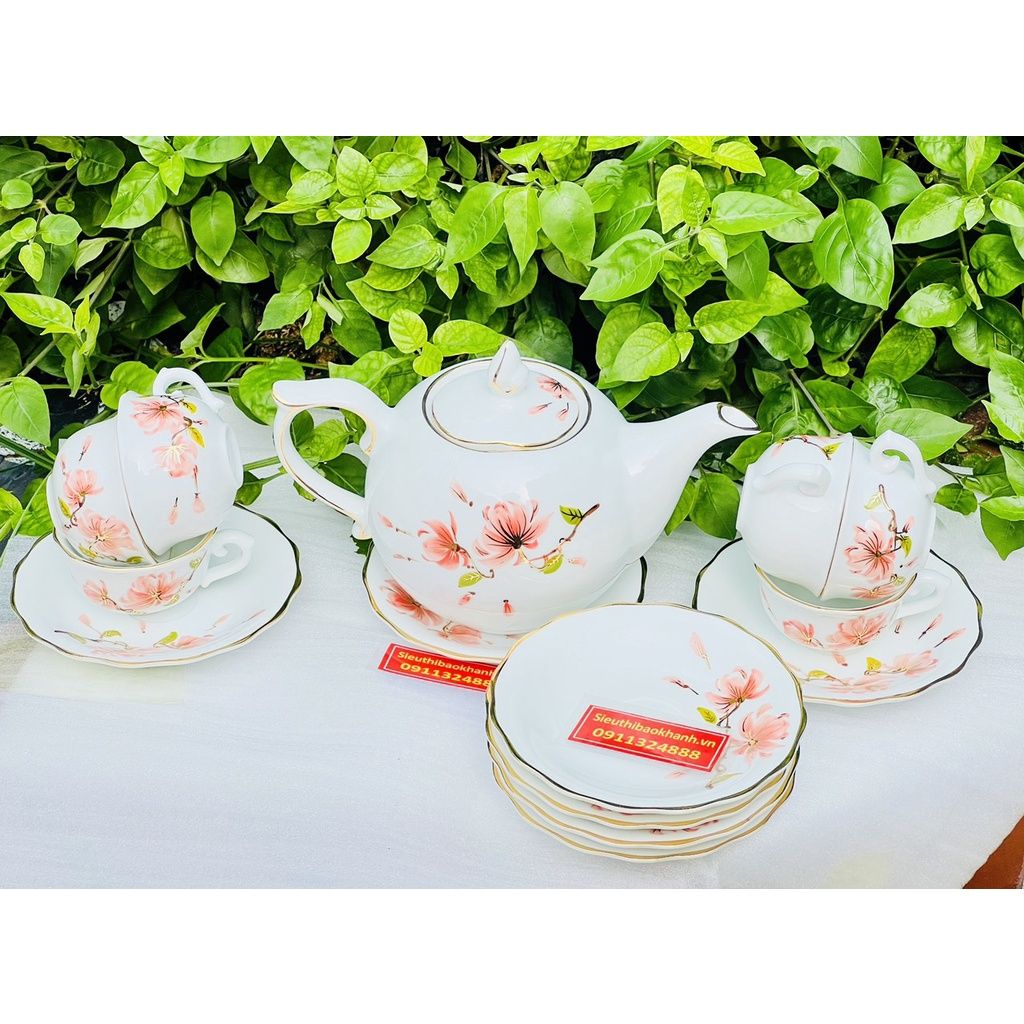  Bộ ấm chén Bát Tràng men trắng hoa tiết hoa 