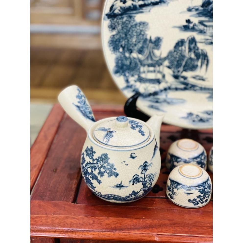  [BÁT TRÀNG CHÍNH HÃNG]-Bộ Ấm Trà Men Rạn Men Lam Vẽ Sơn Thủy-Siêu thị bảo khánh 