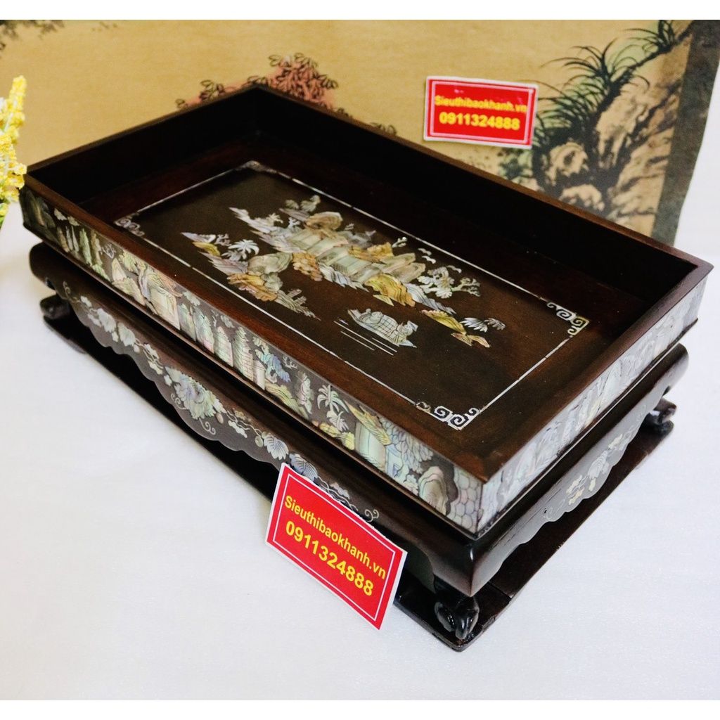  [NGHỆ THUẬT TRÀ ĐẠO]-Khay Trà Gụ Chân Quỳ Khảm Trai 34cm-Mỹ Nghệ Bảo Khánh 