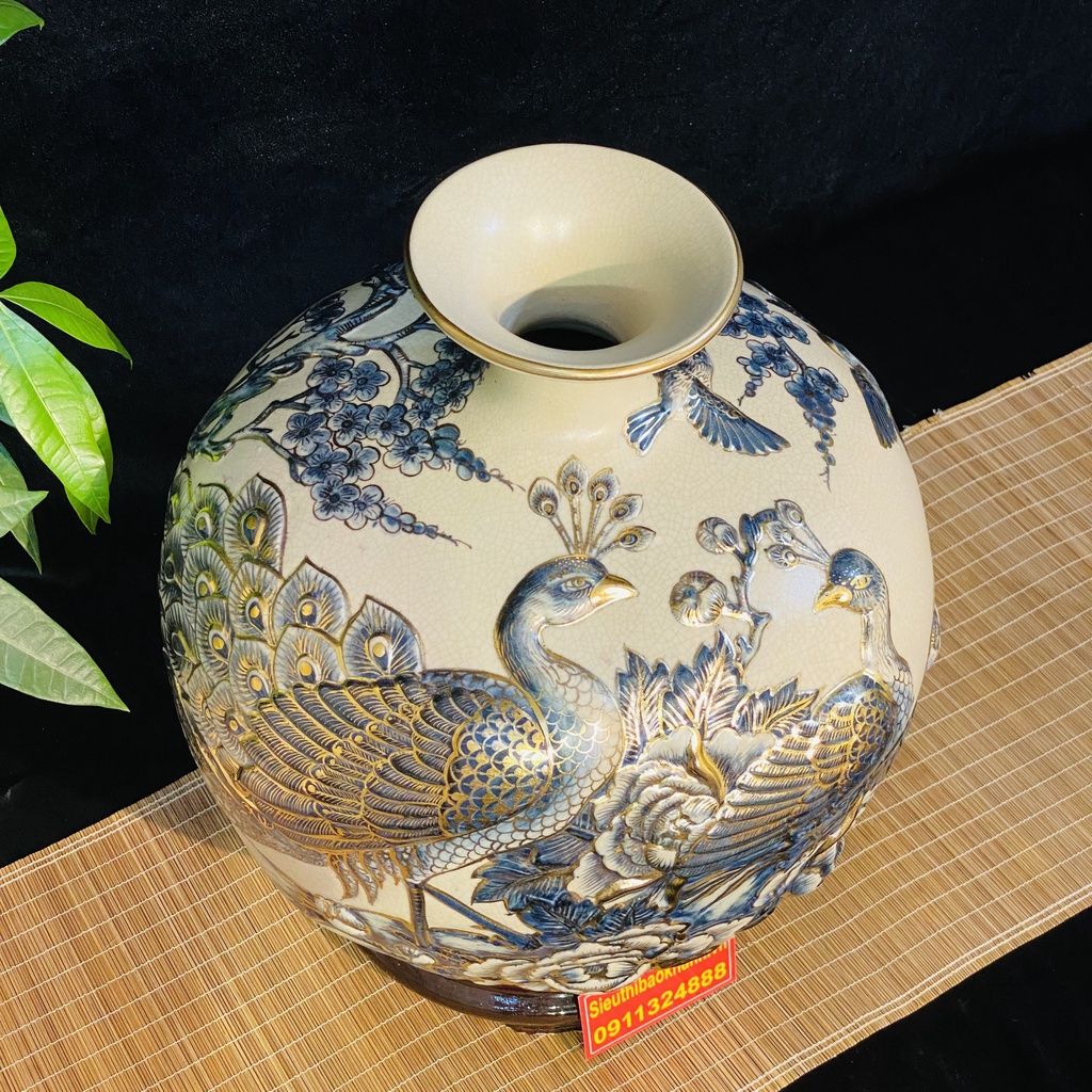  [HÀNG NGHỆ NHÂN]-Bình Hút Lộc men rạn công đào 35cm-mỹ nghệ bảo khánh 