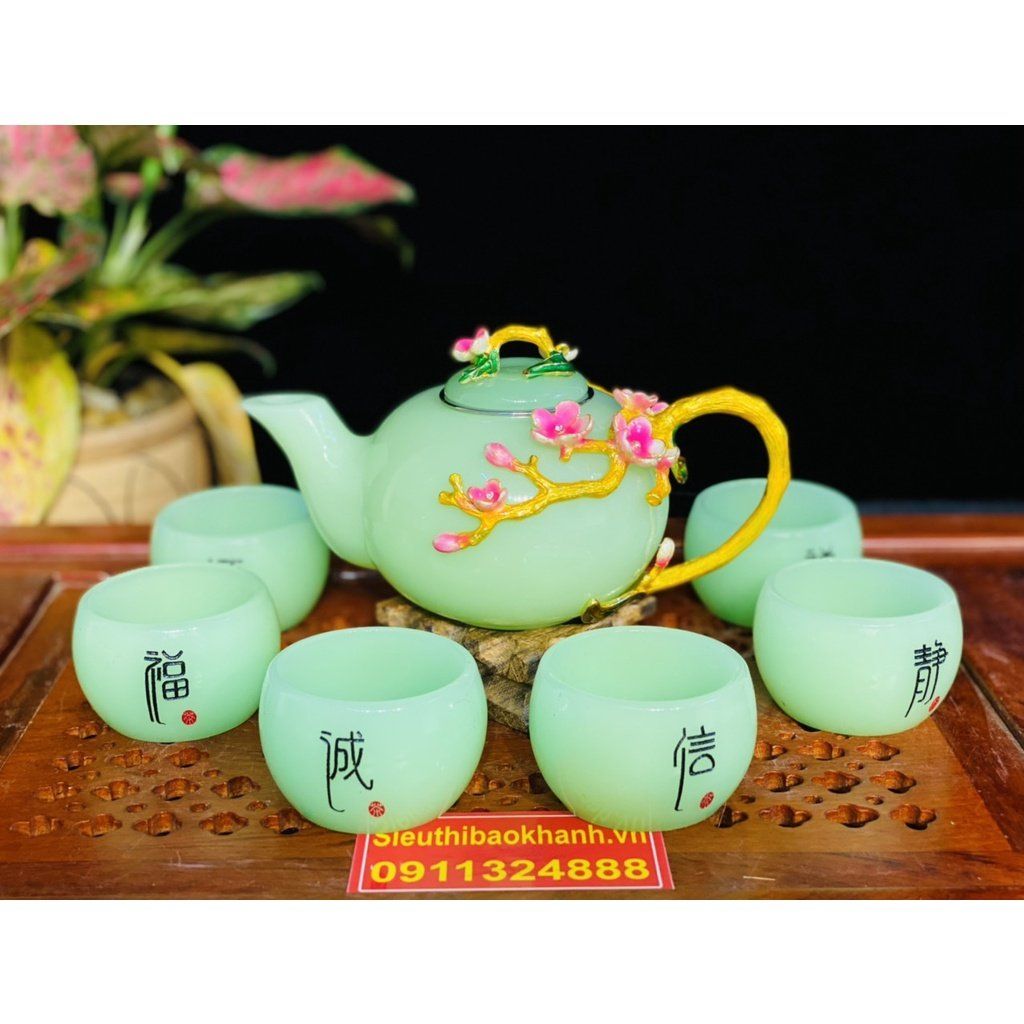  Bộ ấm chén đá xanh ngọc họa tiết Hoa Mai in nổi 350ml BKCEVN-8021 