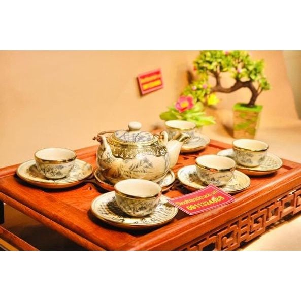  Bộ ấm chén men cổ quai mây bọc đồng xuất xứ Bát Tràng-Siêu Thị Bảo Khánh 