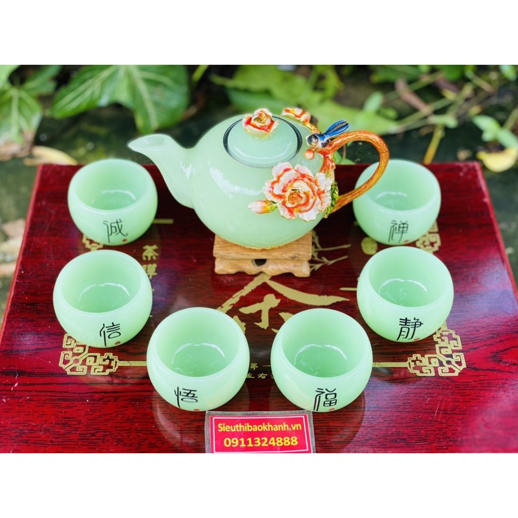  Bộ ấm chén đá xanh ngọc họa tiết in nổi 350m-Bảo Khánh 