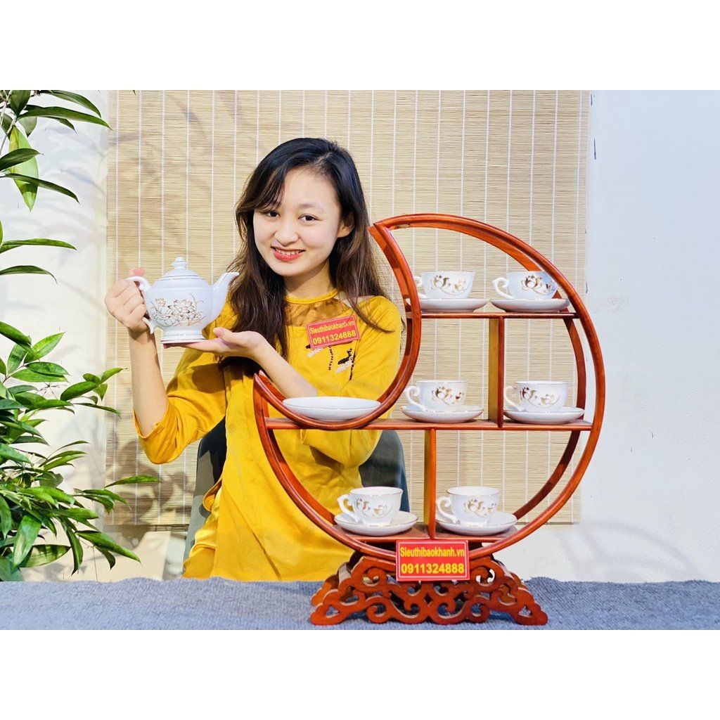  [BÁT TRÀNG CHÍNH HÃNG]-Bộ ấm chén Bát Tràng men trắng vẽ sen 