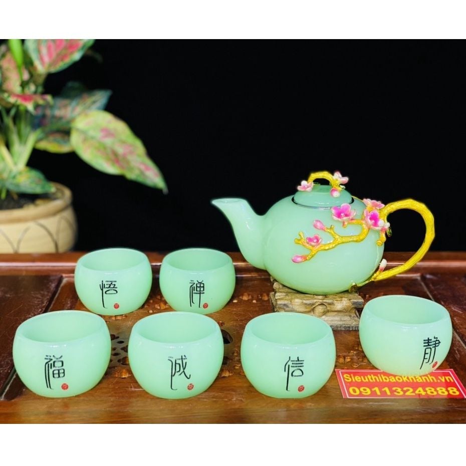  Bộ ấm chén đá xanh ngọc họa tiết Hoa Mai in nổi 350ml BKCEVN-8021 
