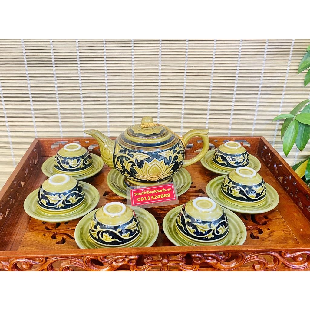  Bộ ấm chén gốm sứ Bát Tràng họa tiết hoa mẫu đơn 