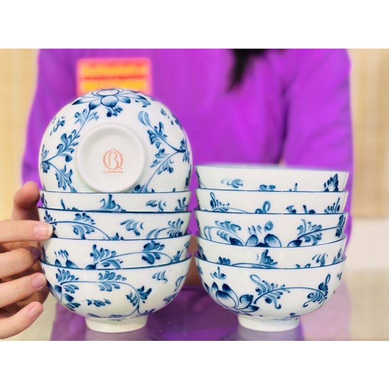  Bộ 10 bát men trắng vẽ hoa xuất xứ Bát Tràng 