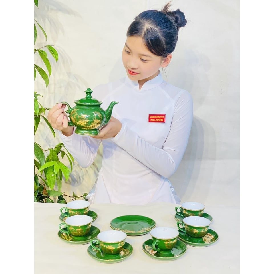  Bộ ấm chén xanh họa tiết công đào phú quý 