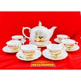  [BÁT TRÀNG CHÍNH HÃNG]-Bộ ấm chén men trắng vẽ vàng chóp lửa họa tiết sen 