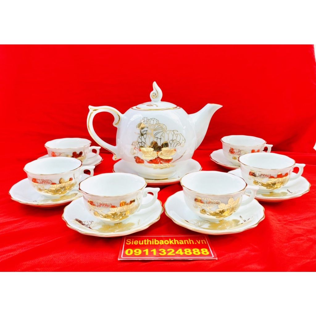  [BÁT TRÀNG CHÍNH HÃNG]-Bộ ấm chén men trắng vẽ vàng chóp lửa họa tiết sen 