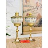  [ĐỒ THỜ CÚNG]-Cặp đèn dầu đồng thân gốm xuất xứ Bát Tràng 25cm 