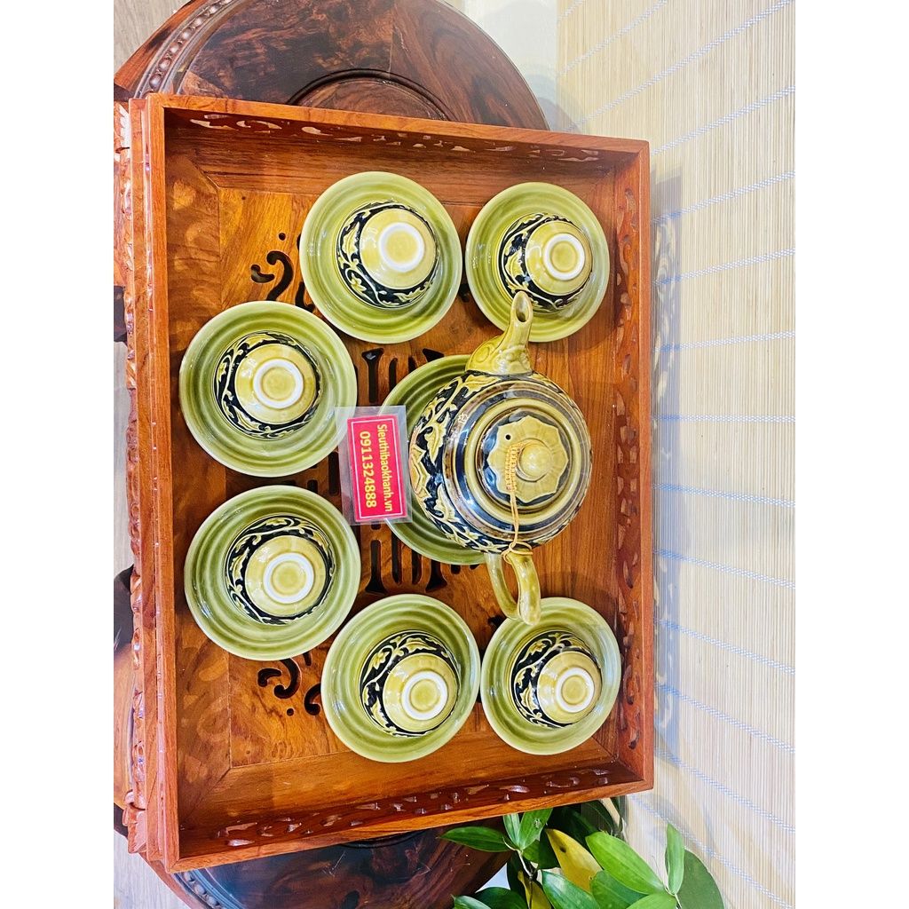  Bộ ấm chén gốm sứ Bát Tràng họa tiết hoa mẫu đơn 