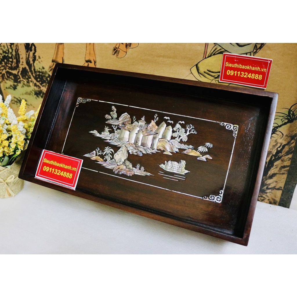  [NGHỆ THUẬT TRÀ ĐẠO]-Khay Trà Gụ Chân Quỳ Khảm Trai 34cm-Mỹ Nghệ Bảo Khánh 
