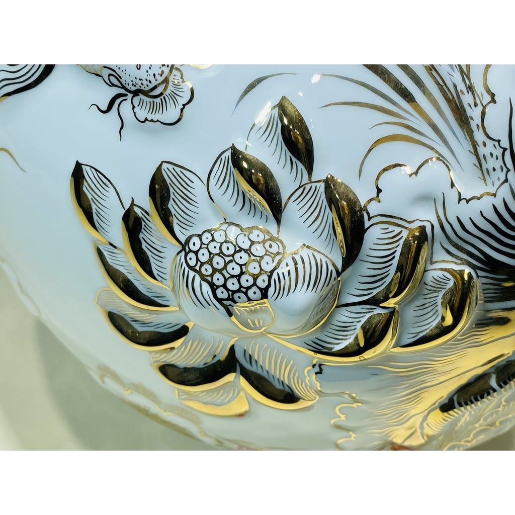  [HÀNG NGHỆ NHÂN]-Bình hút lộc Bát Tràng đắp nổi vẽ vàng họa tiết lí ngư 