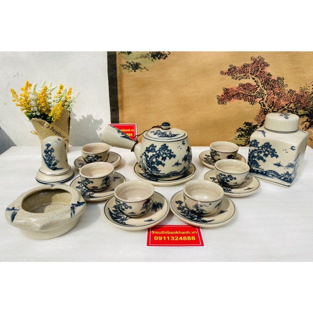  Bộ Ấm Trà Men Rạn Men Lam Vẽ Sơn Thủy Kèm Phụ kiện BKCEVN-8001 