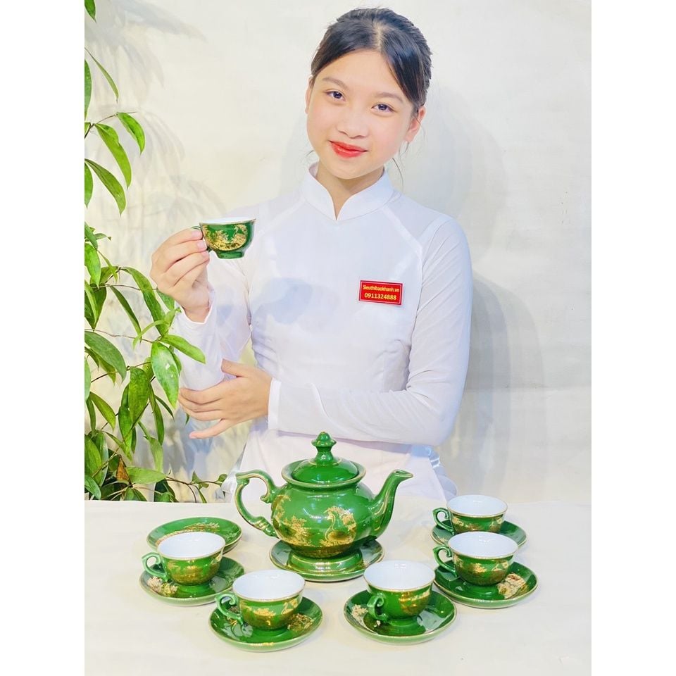  Bộ ấm chén xanh họa tiết công đào phú quý 