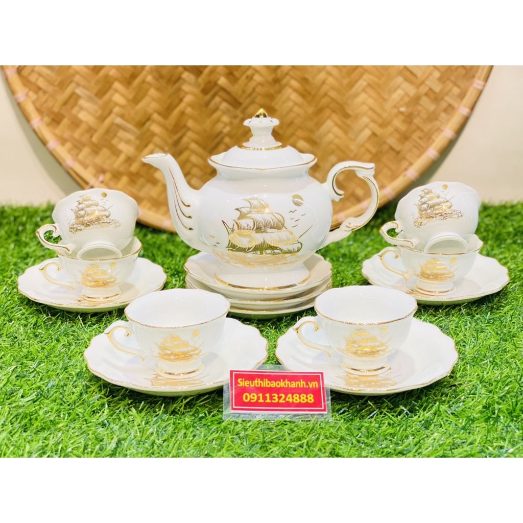  Bộ Ấm Chén,Ấm Trà Đẹp Men Trắng Viền Vàng họa tiết thuận buồm xuôi gió Chính Hãng Bát Tràng 350ml-Siêu Thị Bảo Khánh 