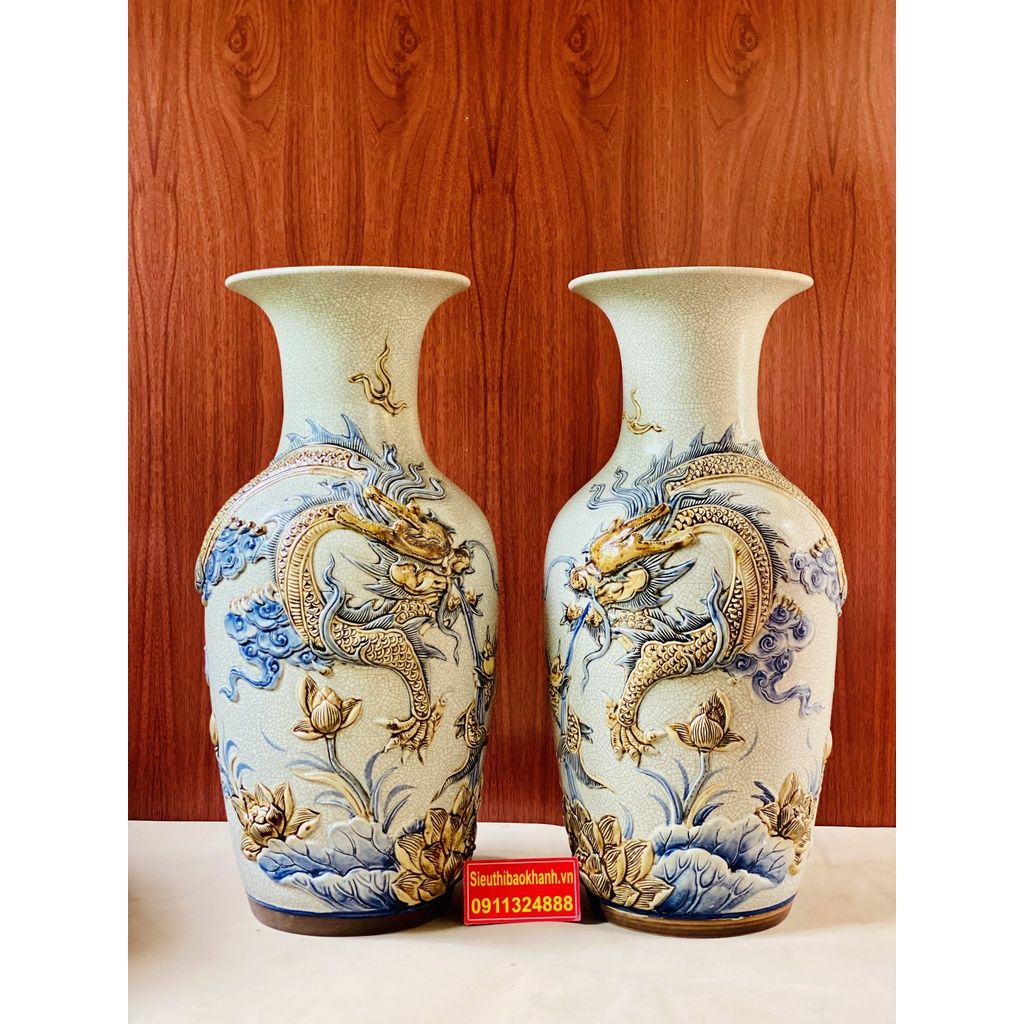  Cặp lục bình Gốm Men Rạn Bát Tràng họa tiết Song Long 50cm 