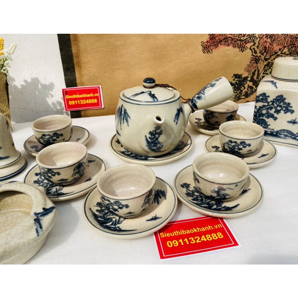  Bộ Ấm Trà Men Rạn Men Lam Vẽ Sơn Thủy Kèm Phụ kiện BKCEVN-8001 