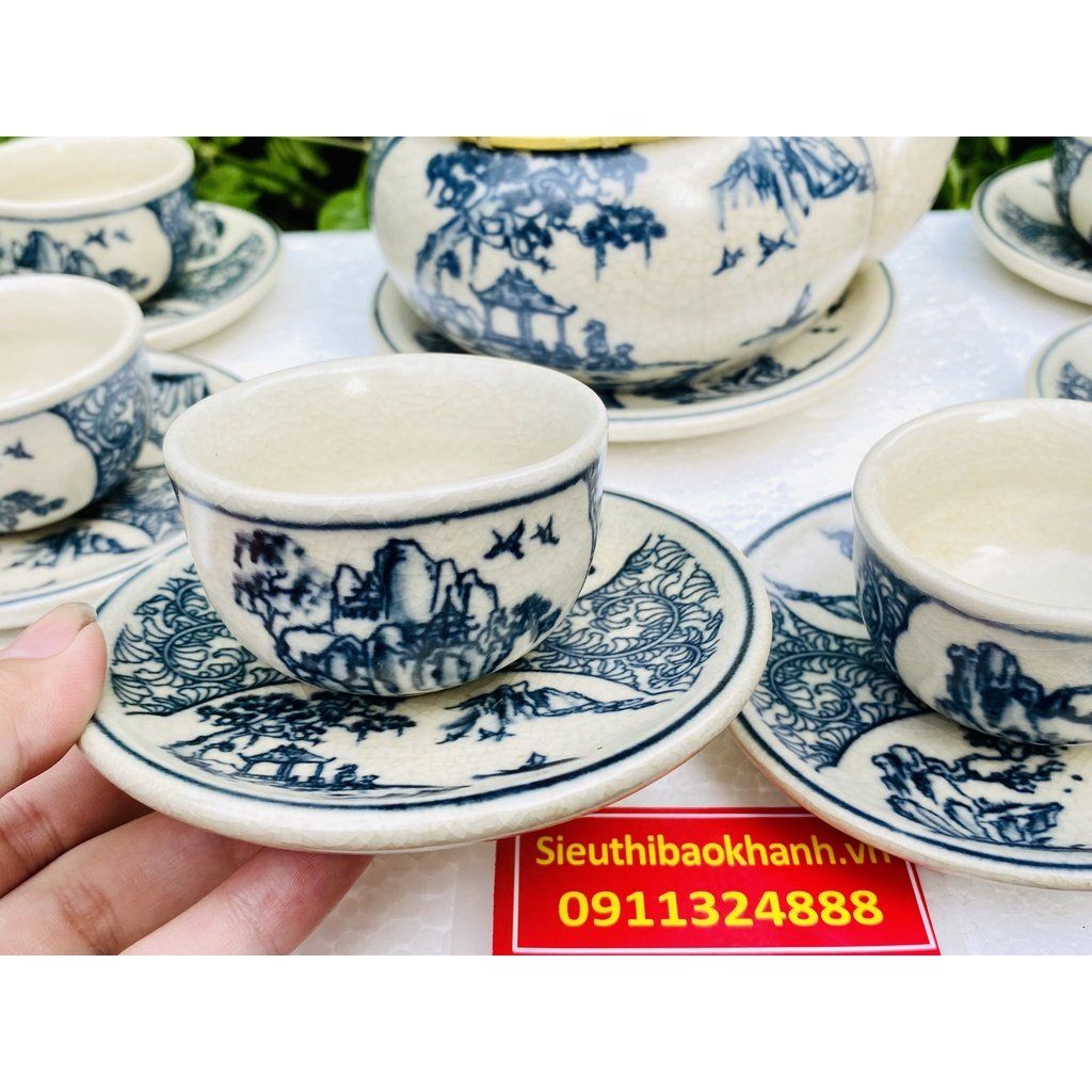  Ấm chén Bảo Khánh-Bộ ấm chén men rạn họa tiết sơn thủy đặc biệt 