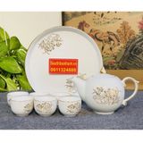  Bộ ấm chén men trắng sứ xương chóp lửa vẽ sen - đánh chỉ viền vàng kim 