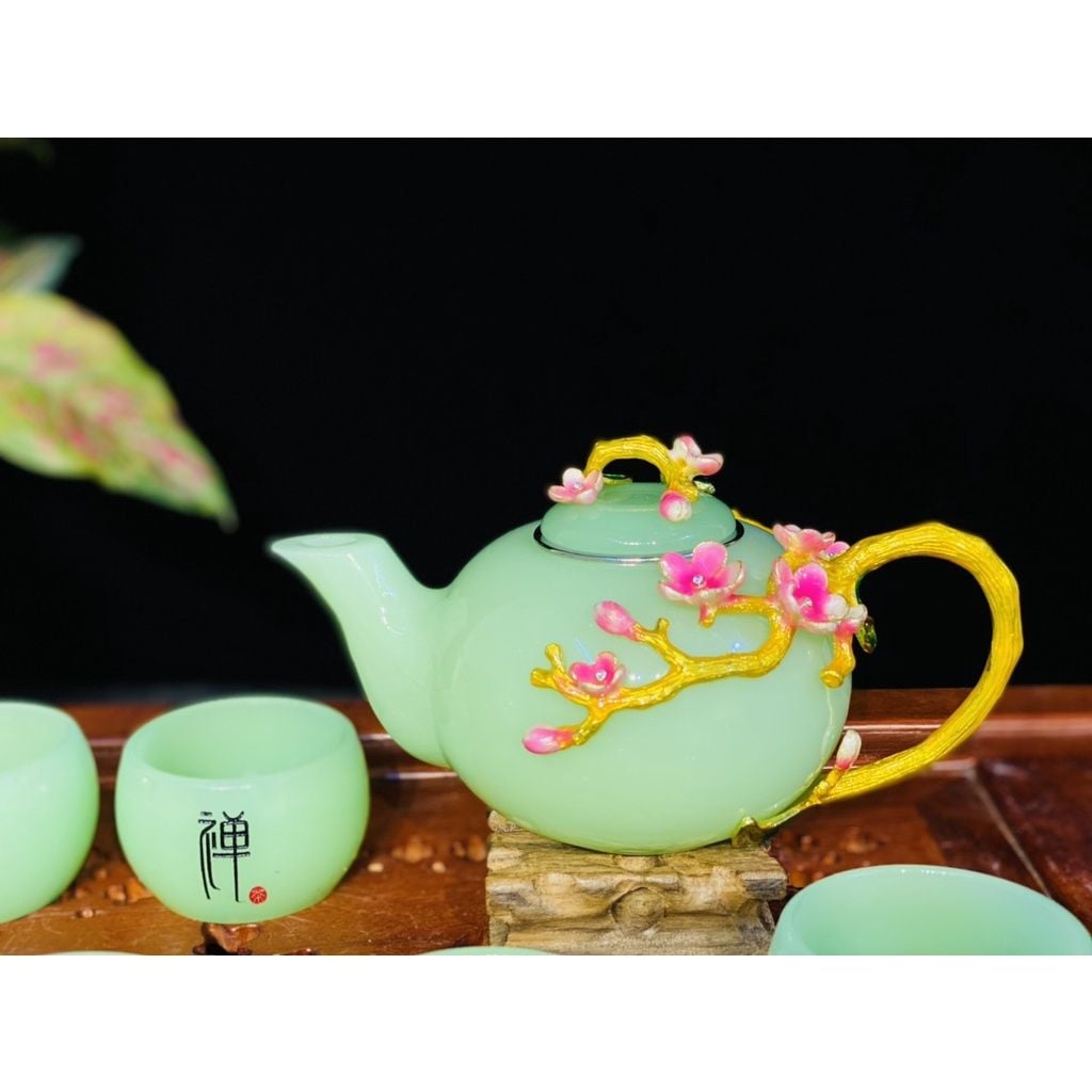  Bộ ấm chén đá xanh ngọc họa tiết Hoa Mai in nổi 350ml BKCEVN-8021 