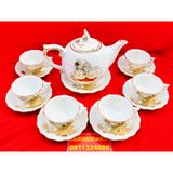  [BÁT TRÀNG CHÍNH HÃNG]-Bộ ấm chén men trắng vẽ vàng chóp lửa họa tiết sen 