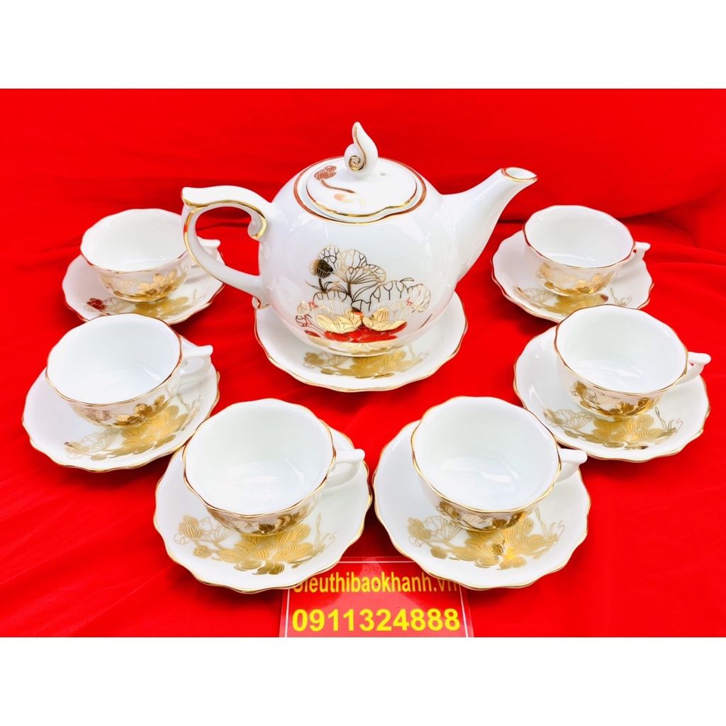  [BÁT TRÀNG CHÍNH HÃNG]-Bộ ấm chén men trắng vẽ vàng chóp lửa họa tiết sen 