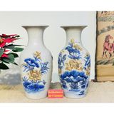  Cặp Bình Hoa Men Lam Chính Hãng Bát Tràng Họa Tiết Hoa Sen Men Rạn 38cm 