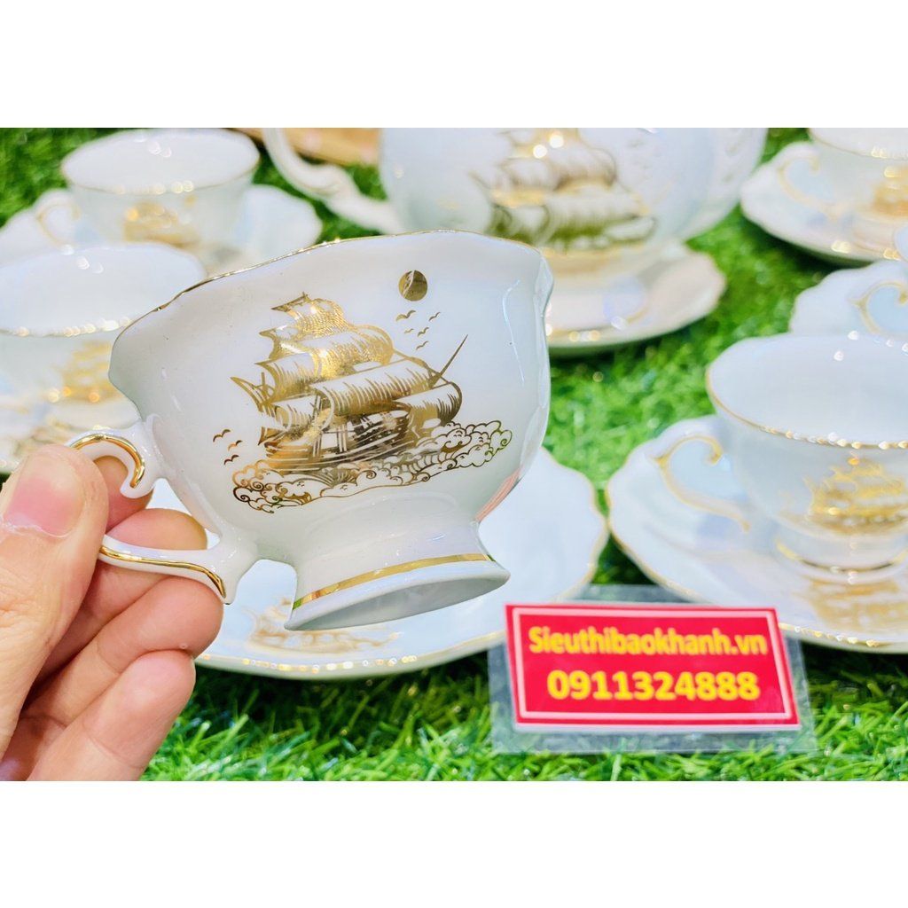  Bộ Ấm Chén,Ấm Trà Đẹp Men Trắng Viền Vàng họa tiết thuận buồm xuôi gió Chính Hãng Bát Tràng 350ml-Siêu Thị Bảo Khánh 