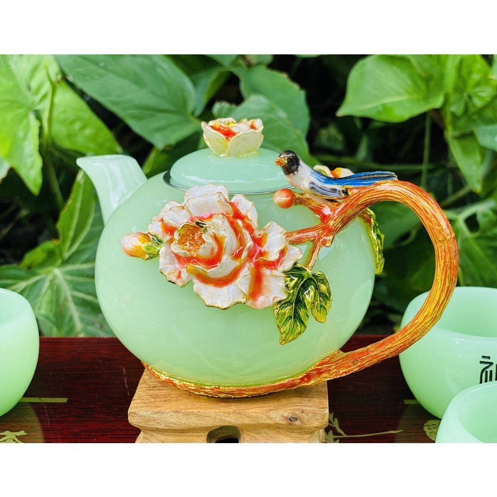  Bộ ấm chén đá xanh ngọc họa tiết in nổi 350m-Bảo Khánh 