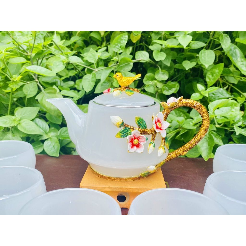  Bộ ấm chén,ấm trà đá ngọc họa tiết hoa đào in nổi 400ml 