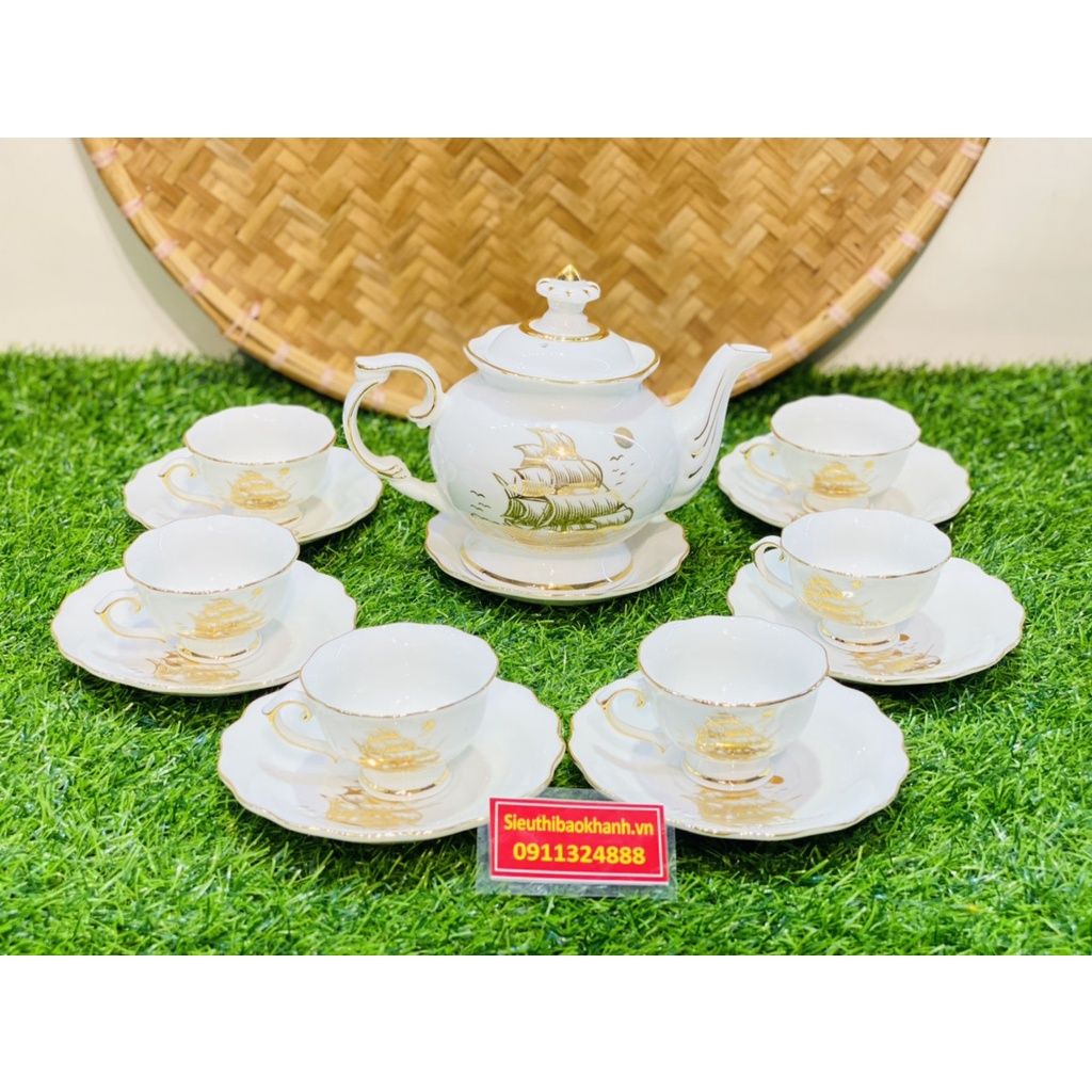  Bộ Ấm Chén,Ấm Trà Đẹp Men Trắng Viền Vàng họa tiết thuận buồm xuôi gió Chính Hãng Bát Tràng 350ml-Siêu Thị Bảo Khánh 