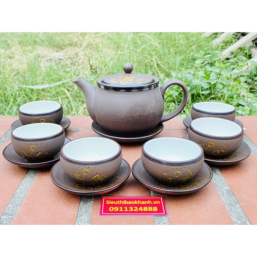  Bộ ấm chén gốm sứ Bát Tràng cao cấp hạo tiết in chìm 