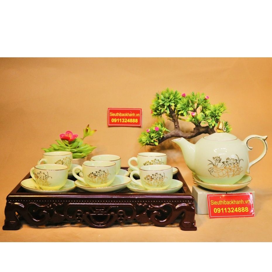  Bộ ấm trà men kem Bát Tràng họa tiết sen vẽ vàng BKCEVN-8025 