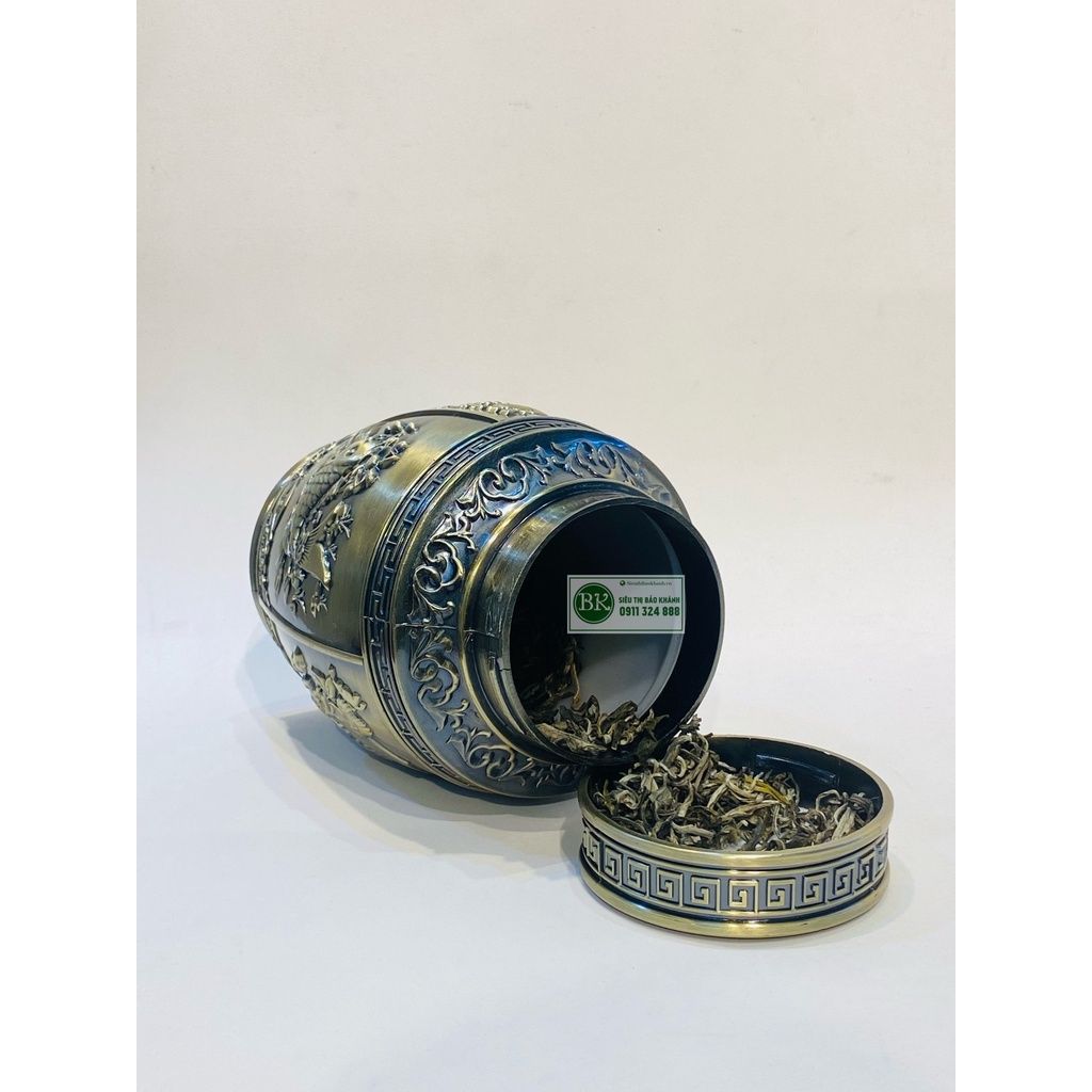  Hộp đựng chè đồng họa tiết ngũ quả (cao 18cm) 