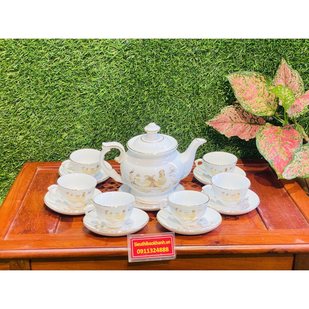  Bộ ấm chén men kem hoa tiết Kim Kê Đại Cát 