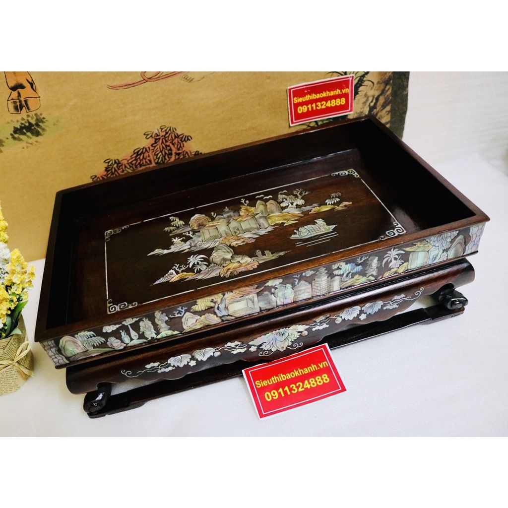  [NGHỆ THUẬT TRÀ ĐẠO]-Khay Trà Gụ Chân Quỳ Khảm Trai 34cm-Mỹ Nghệ Bảo Khánh 